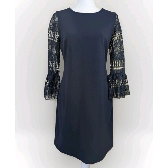 Donna Ricco Dresses & Skirts - Donna Ricco New York Sheath Dress Womens 6 Blue Lace Bell Sleeve Preppy Knit